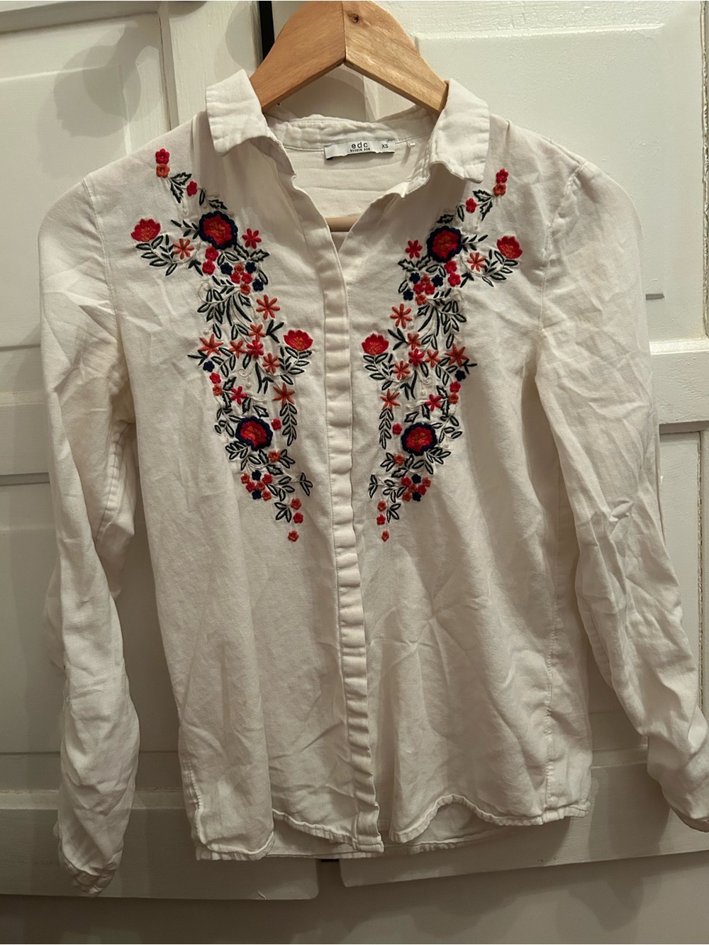 Embroidered White Button-Down Shirt with Red Floral Accents